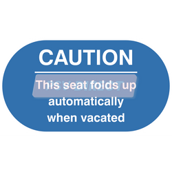 PDP00123-Caution This Seat Folds Up Automatically When Vacated Sticker, White Text on Blue Background 218mm x 119mm-PSV Parts Direct