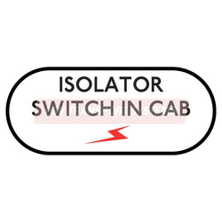 PDP20816-Isolator Switch In Cab Sticker, Black Text on White Background with Red Lightning Strike Symbol, 75mm Height