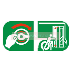 PDP21899-Twist to Rotate Door Release Sticker Sticker. Red/White Images on Green Background