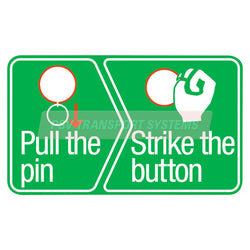 PDP21900-Pull the Pin, Strike the Button Sticker. Red/White Images on Green Background