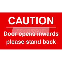 PDP00127-Caution Door Opens Inwards Please Stand Back Sticker, White Text on Red Background 168mm x 100mm-PSV Parts Direct