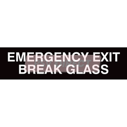 PDP00128-Emergency Exit Break Glass Sticker, white Text on Black Background, 213mm x 54mm-PSV Parts Direct