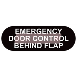 PDP00129-Emergency Door Control Behind Flap Sticker, White Text on Black Background, 170mm x 61mm-PSV Parts Direct
