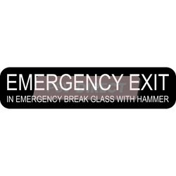 PDP00139-Emergency Exit In Emergency Break Glass With Hammer Sticker, White Text on Black Background, 267 x 63mm-PSV Parts Direct