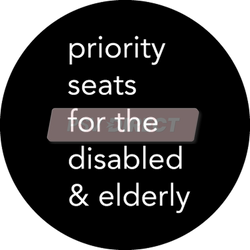 PDP00141-Priority Seats For The Disabled & Elderly Sticker, White Text on Black Background, 133 x 133mm-PSV Parts Direct