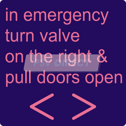 PDP01389-In Emergency Turn Valve On The Right & Pull Doors Open Sticker, Pink Text on Purple Background, 104 x 104mm-PSV Parts Direct