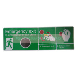 PDP15823-Emergency Exit. In Emergency Break Glass Double Sided Heavy duty Encapsulated Label. White Text on Green Background with White Emergency Exit Symbol