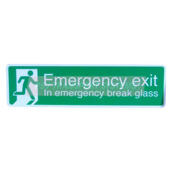 PDP15934-Emergency Exit. In Emergency Break Glass Heavy duty Encapsulated Label. White Text on Green Background with White Emergency Exit Symbol