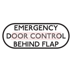 PDP20838-Emergency Door Control Behind Flap Sticker, Black Text on White Background, 64mm Height