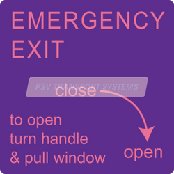 PDP01390-Emergency Exit Close - Open, to open turn handle & pull window Sticker, Pink Text on Purple Background, 104 x 104mm-PSV Parts Direct