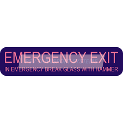 PDP01388-Emergency Exit In Emergency Break Glass With Hammer Sticker, Pink Text on Purple Background, 267 x 63mm-PSV Parts Direct